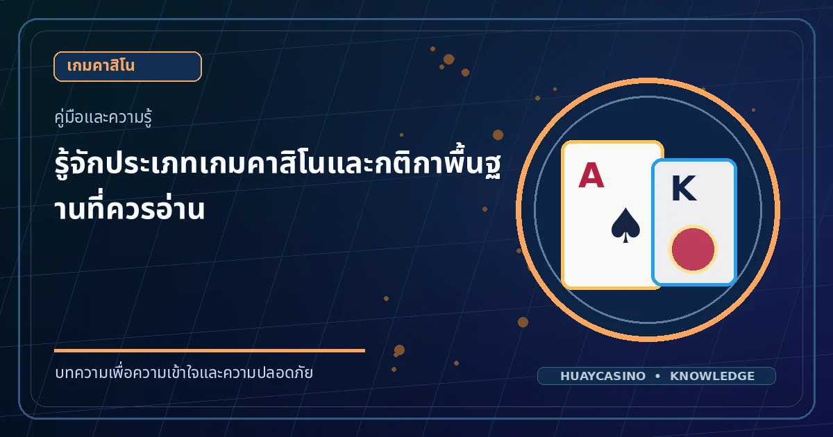 ภาพประกอบหัวข้อ รู้จักประเภทเกมคาสิโนและกติกาพื้นฐานที่ควรอ่าน โทนสีน้ำเงินและทอง
