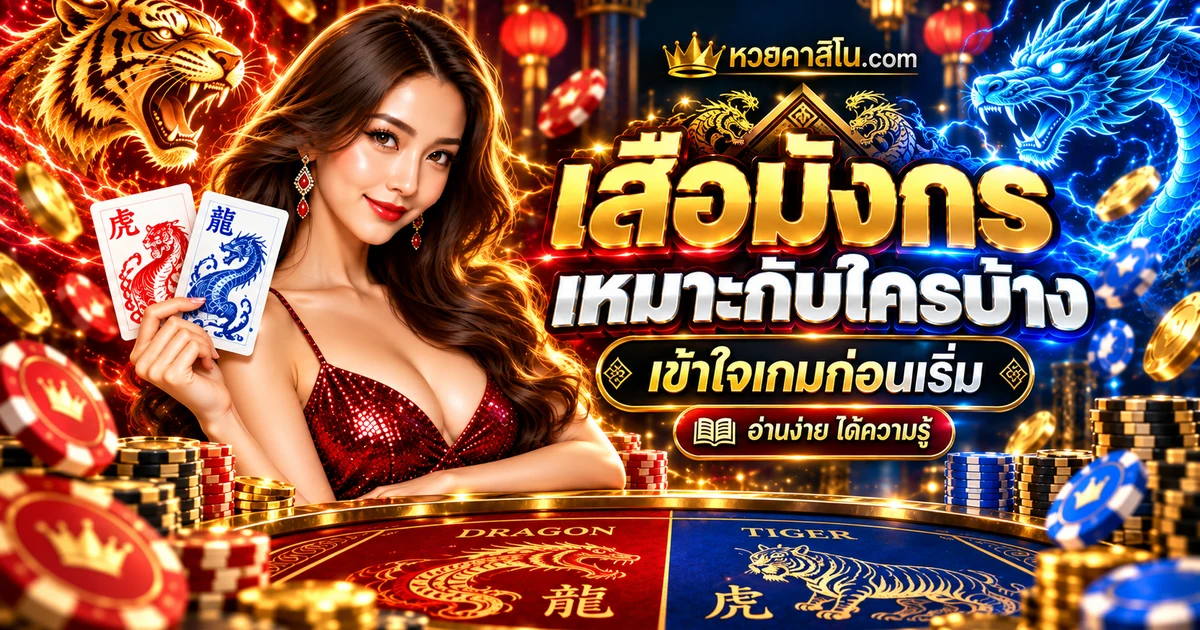 ภาพปกบทความเกมเสือมังกรต่างจากบาคาร่าอย่างไร: เปรียบเทียบไพ่และผลเสมอ โทนสีน้ำเงินทอง แสดงสัญลักษณ์เกมเพื่อประกอบความรู้
